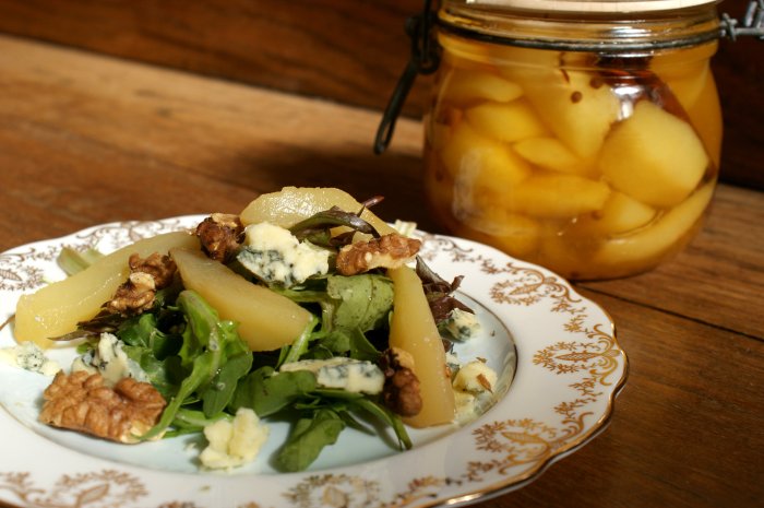 Jar pickled pears and walnut salad